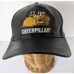 Caterpillar CAT Licensed Leather Hat Bulldozer Logo Adjustable Black Cap Y2K